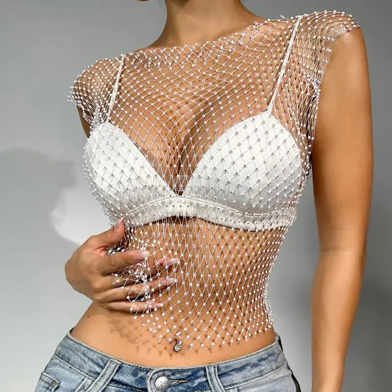 Women’s Rhinestone Fishnet Crop Top—See-Through Summer Clubwear Party Cover-Up