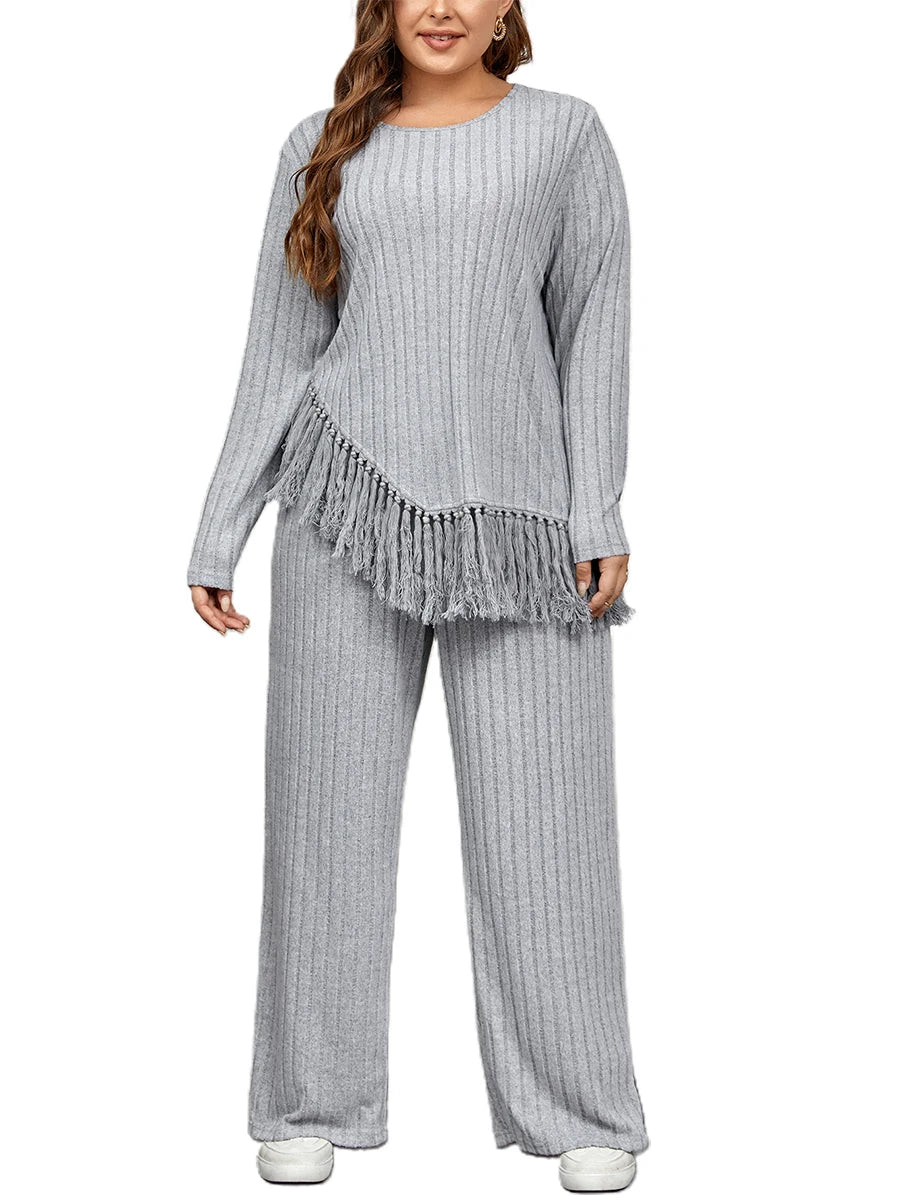 Women's Plus Size Tassel Hem Two-Piece Outfit – Long Sleeve Top & Wide-Leg Pants