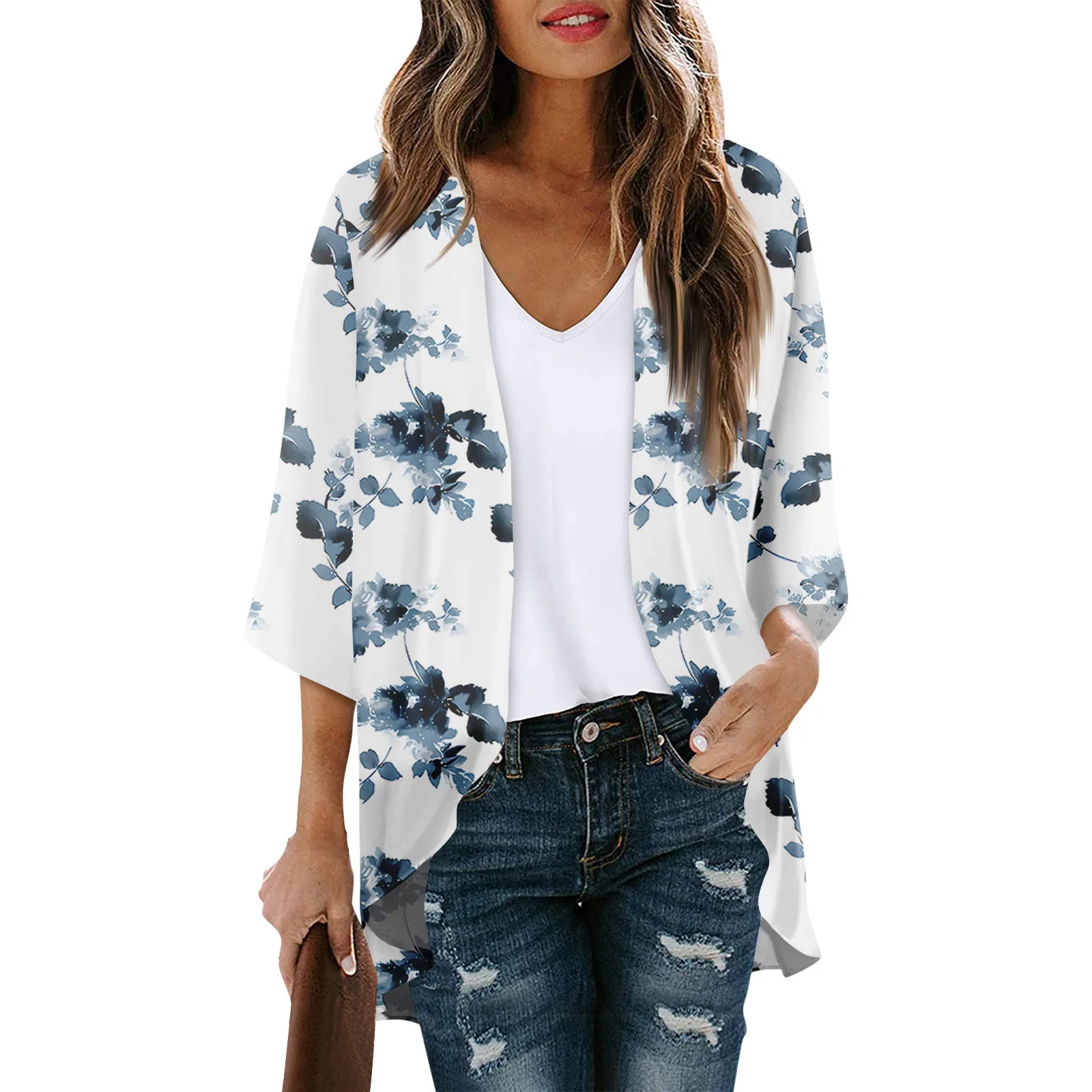 Women's Floral Chiffon Kimono Cardigan - 3/4 Sleeve Summer Blouse