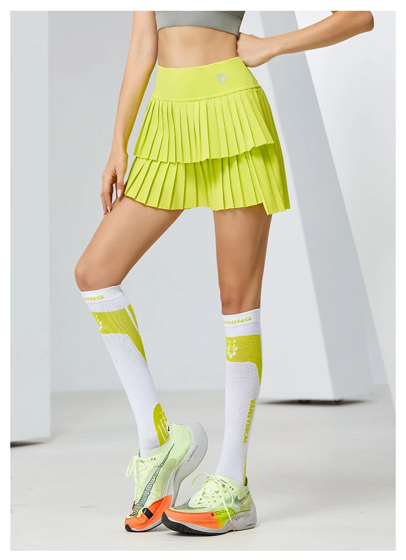 Women's High-Waisted Double-Layer Pleated Tennis Skort with Built-In Shorts