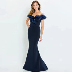 Ruffled Evening Gown - Short Sleeve Floor-Length Mermaid Dress for Formal Events