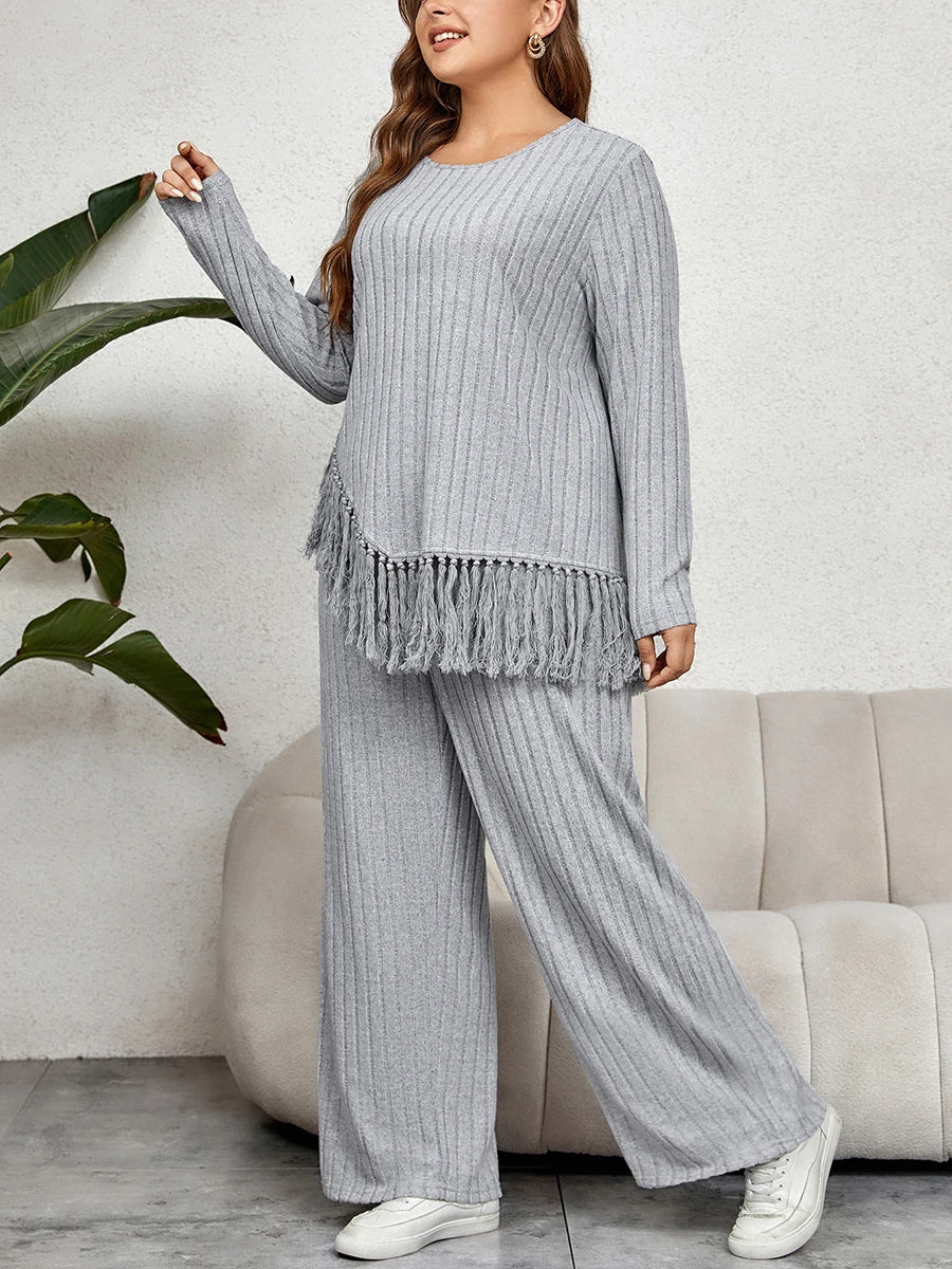 Women's Plus Size Tassel Hem Two-Piece Outfit – Long Sleeve Top & Wide-Leg Pants