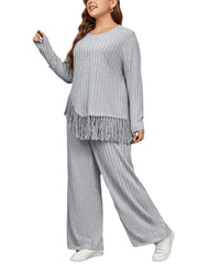 Women's Plus Size Tassel Hem Two-Piece Outfit – Long Sleeve Top & Wide-Leg Pants