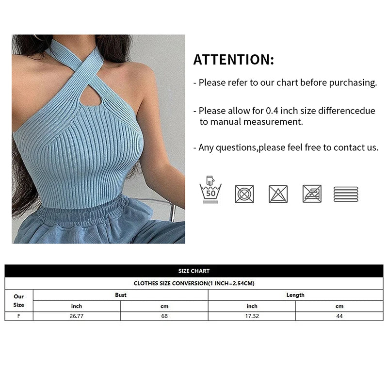 Women’s Cross Halter Knit Crop Top - Backless, Summer Y2K Camisole Vest