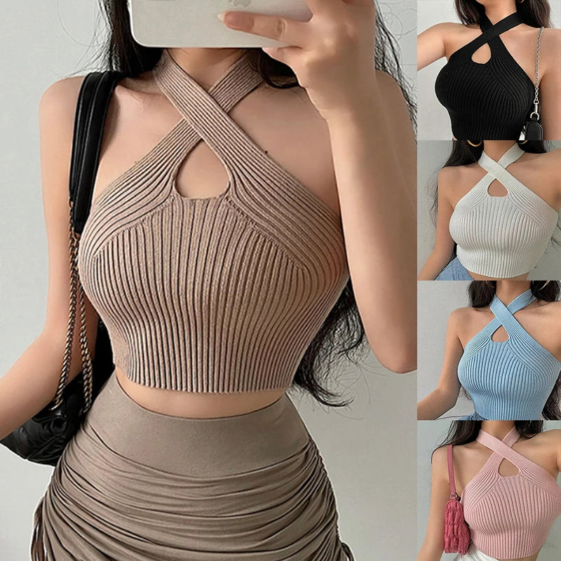 Women’s Cross Halter Knit Crop Top - Backless, Summer Y2K Camisole Vest