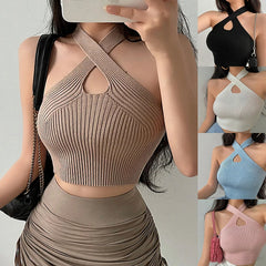 Women’s Cross Halter Knit Crop Top - Backless, Summer Y2K Camisole Vest