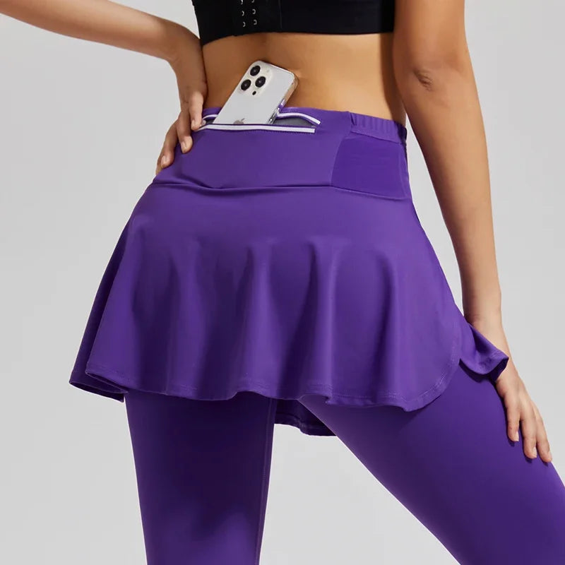 Women's high waisted tennis pants, running skirt, leggings, gym fitness. Yoga skort, sports golf one-piece leggings with pockets.