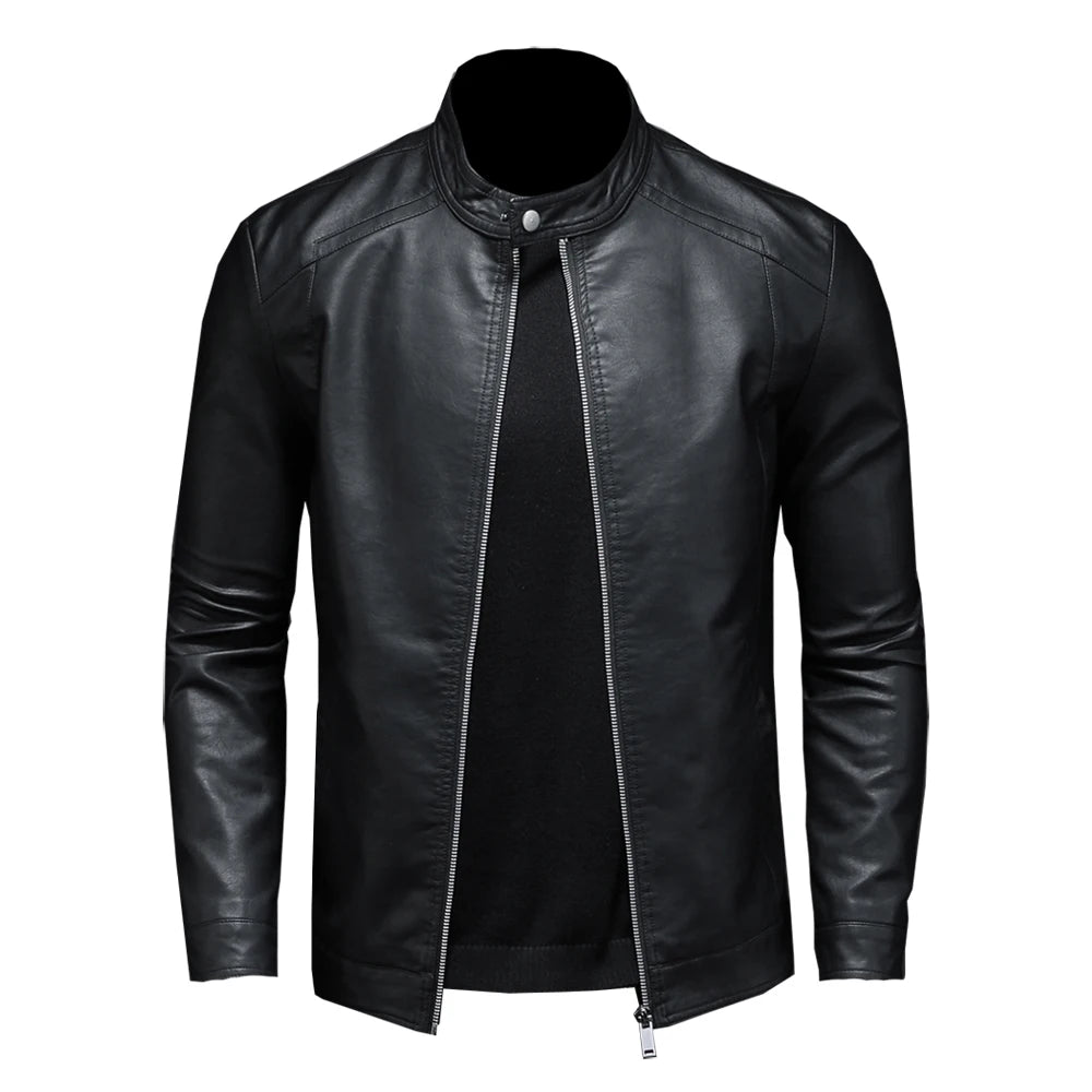 Men's Stand Collar Slim Fit PU Leather Jacket – Fashionable Motorcycle Casual Coat for Spring & Autumn