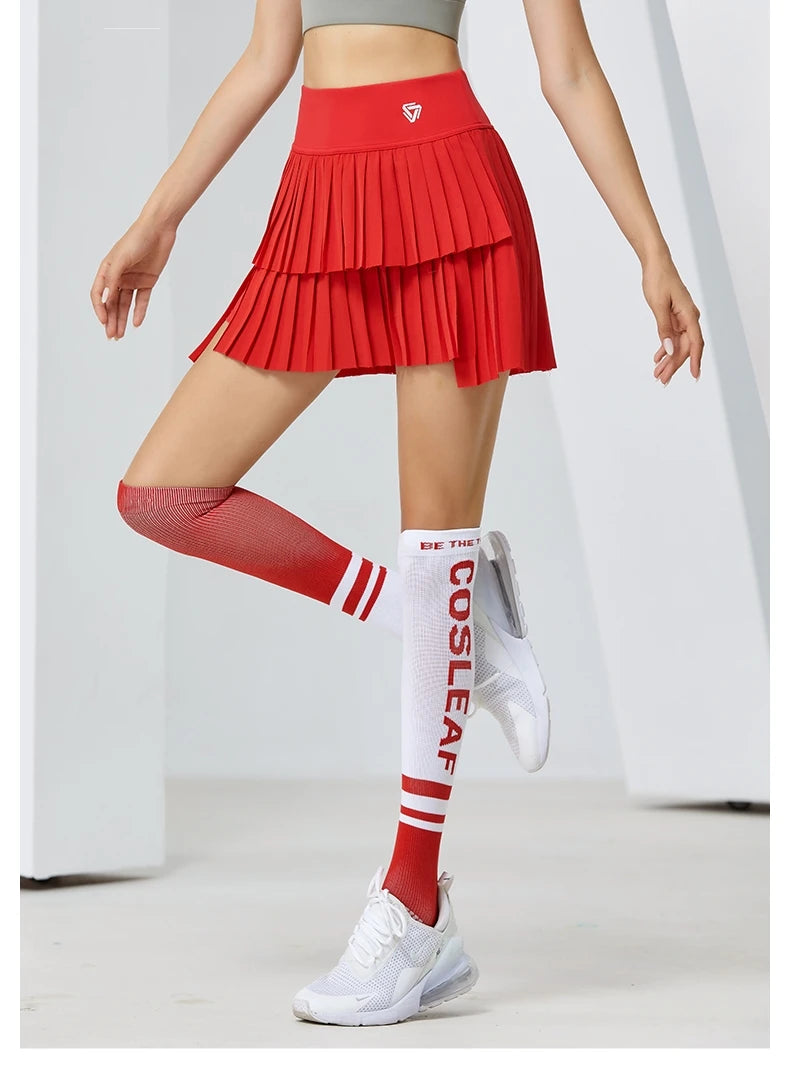 Women's High-Waisted Double-Layer Pleated Tennis Skort with Built-In Shorts