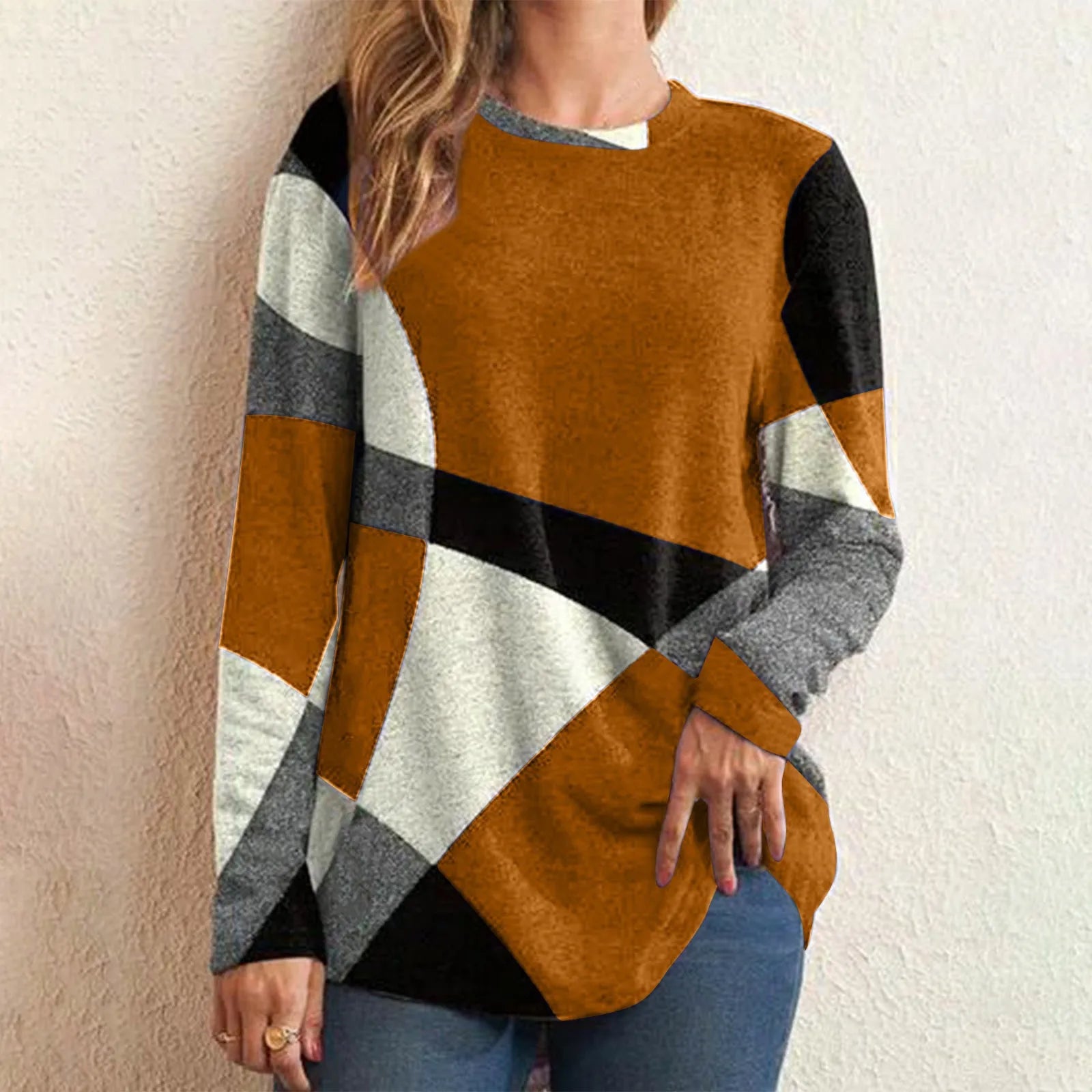 Women’s Round Neck Long Sleeve Patchwork Blouse – Fashionable Casual Loose Fit

Description: