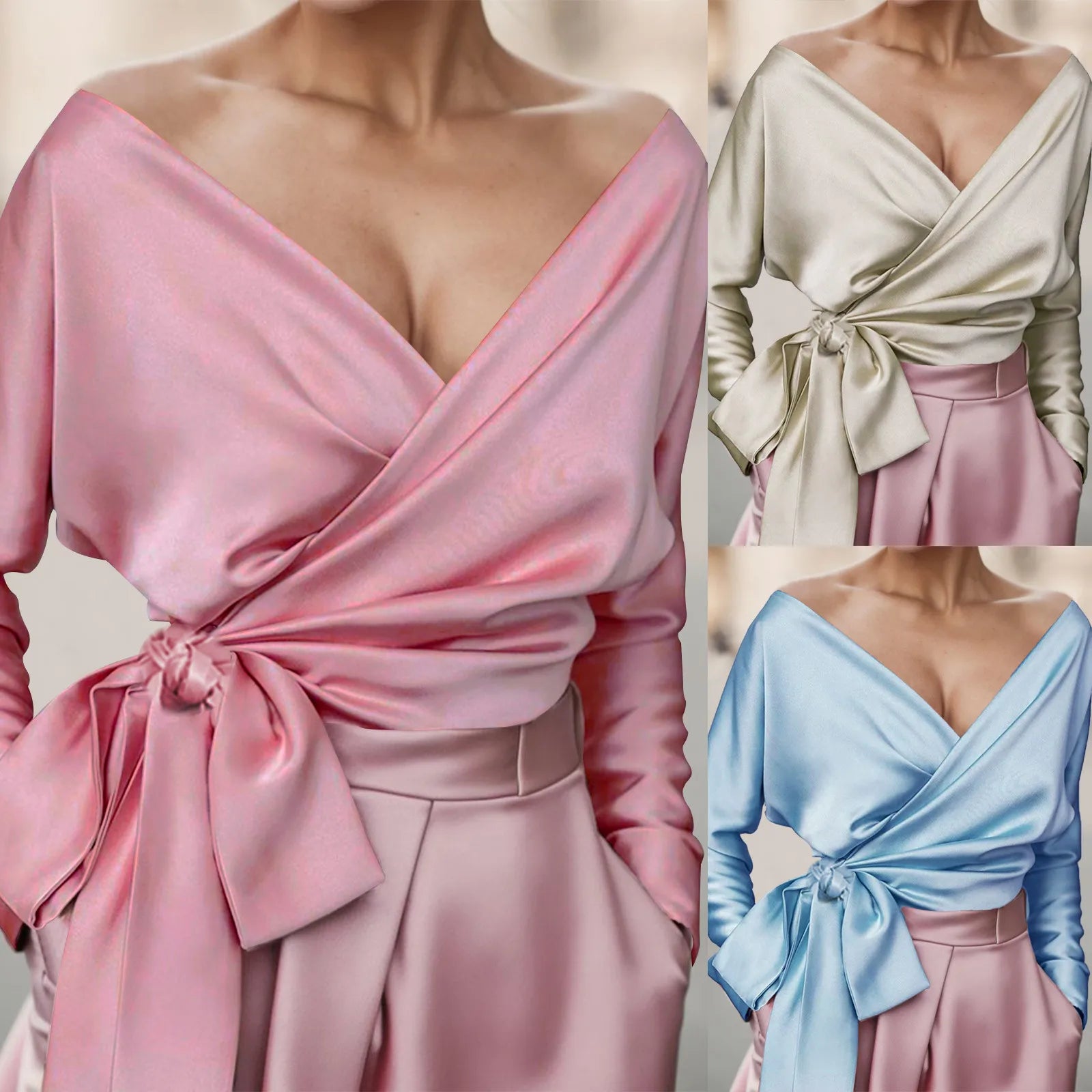 Elegant Satin V-Neck Cross Wrap Tie Blouse - Long Sleeve Fashionable Women’s Top