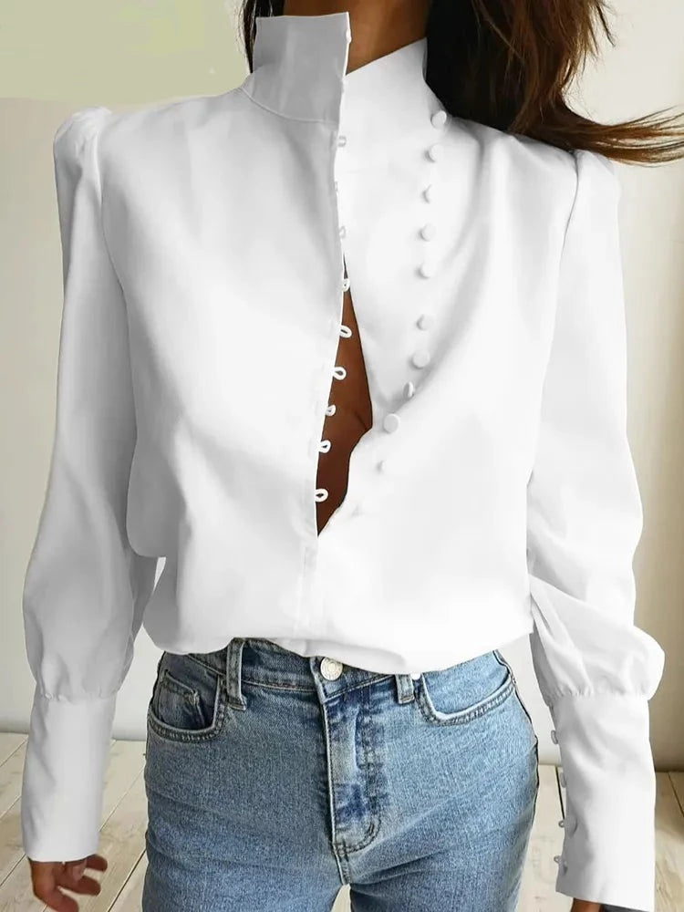 Chic Elegance: The Regal Turtle Neck Top - Slim Fit Button-Up Blouse