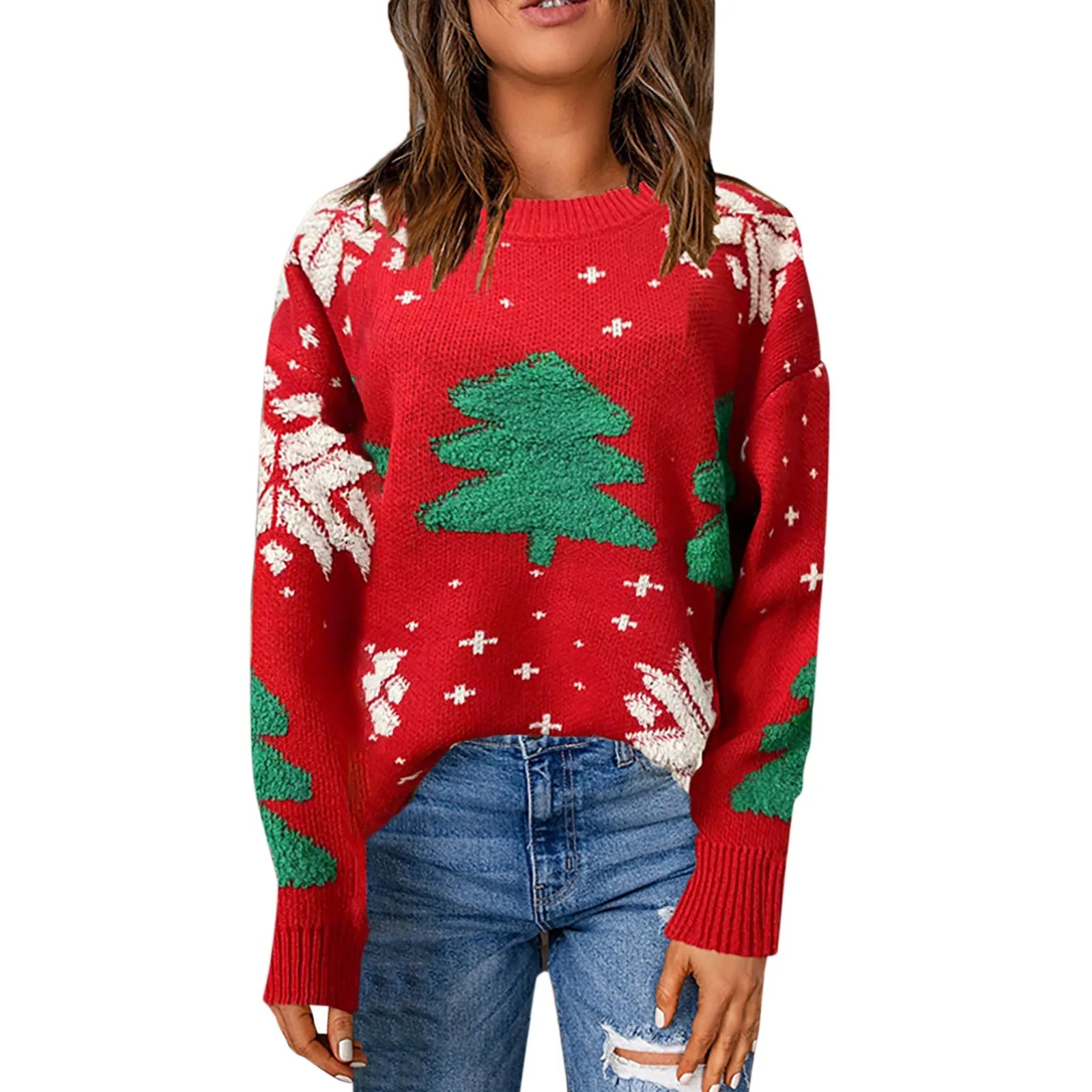 Autumn Winter Christmas Tree Knitted Sweater, Women's Vintage Long Sleeve Pullover