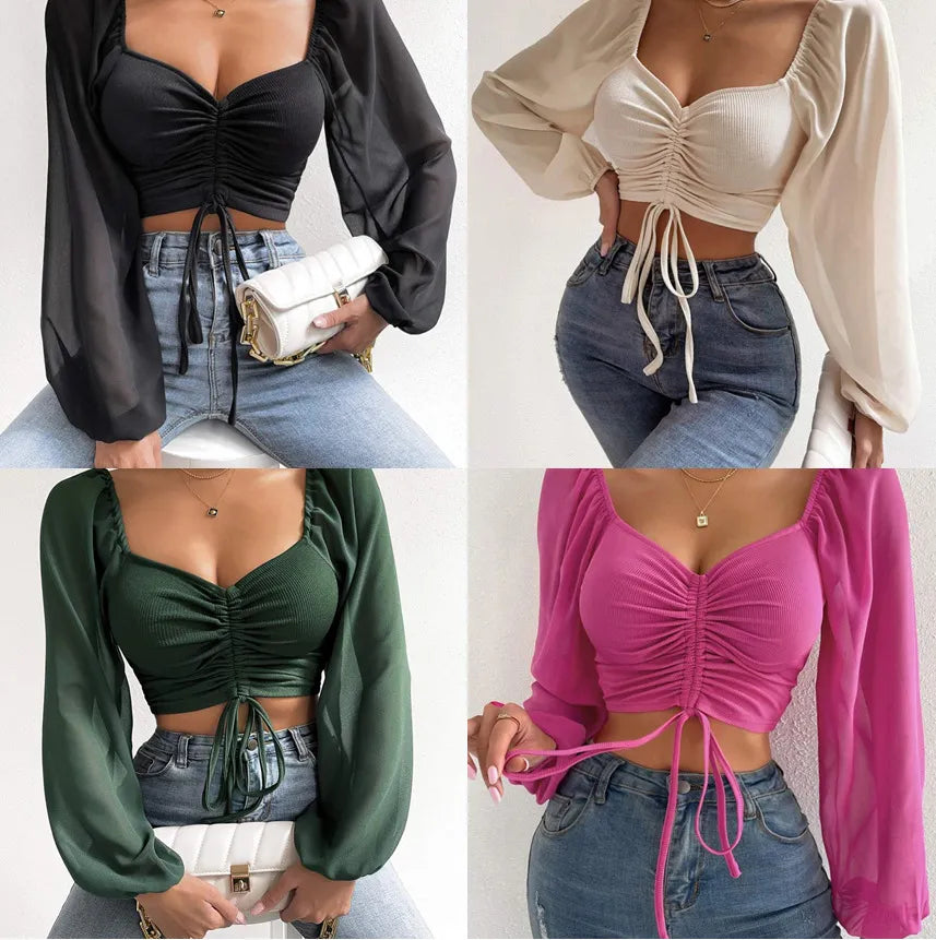 Lace-Up V-Neck Tops with Puff Sleeves