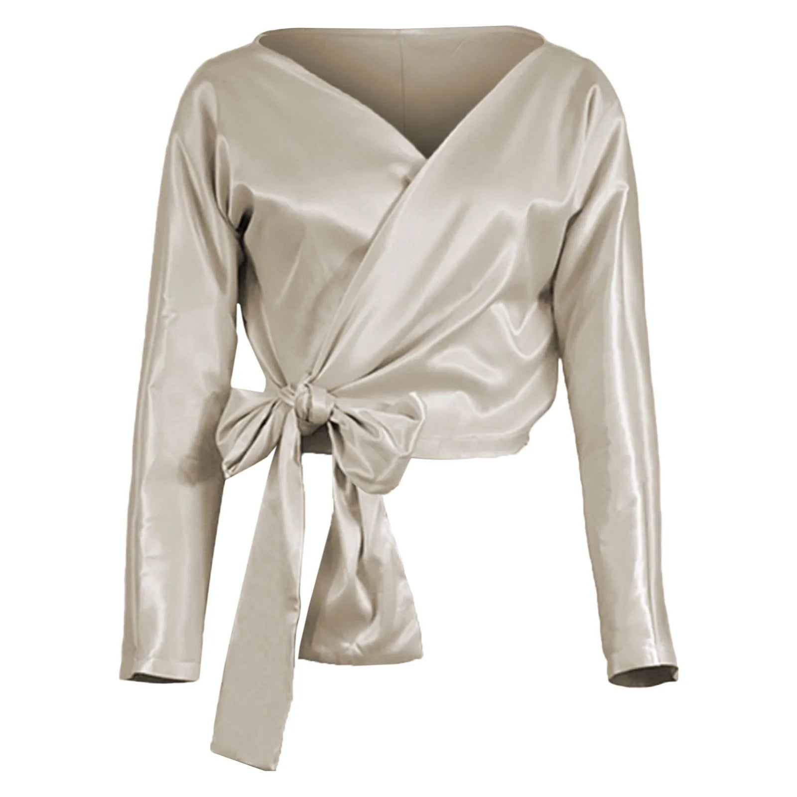 Elegant Satin V-Neck Cross Wrap Tie Blouse - Long Sleeve Fashionable Women’s Top