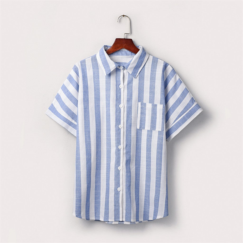 Women’s Striped Cotton Linen Button-Up Blouse – Casual Short Sleeve Summer Top