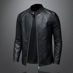 Men's Stand Collar Slim Fit PU Leather Jacket – Fashionable Motorcycle Casual Coat for Spring & Autumn