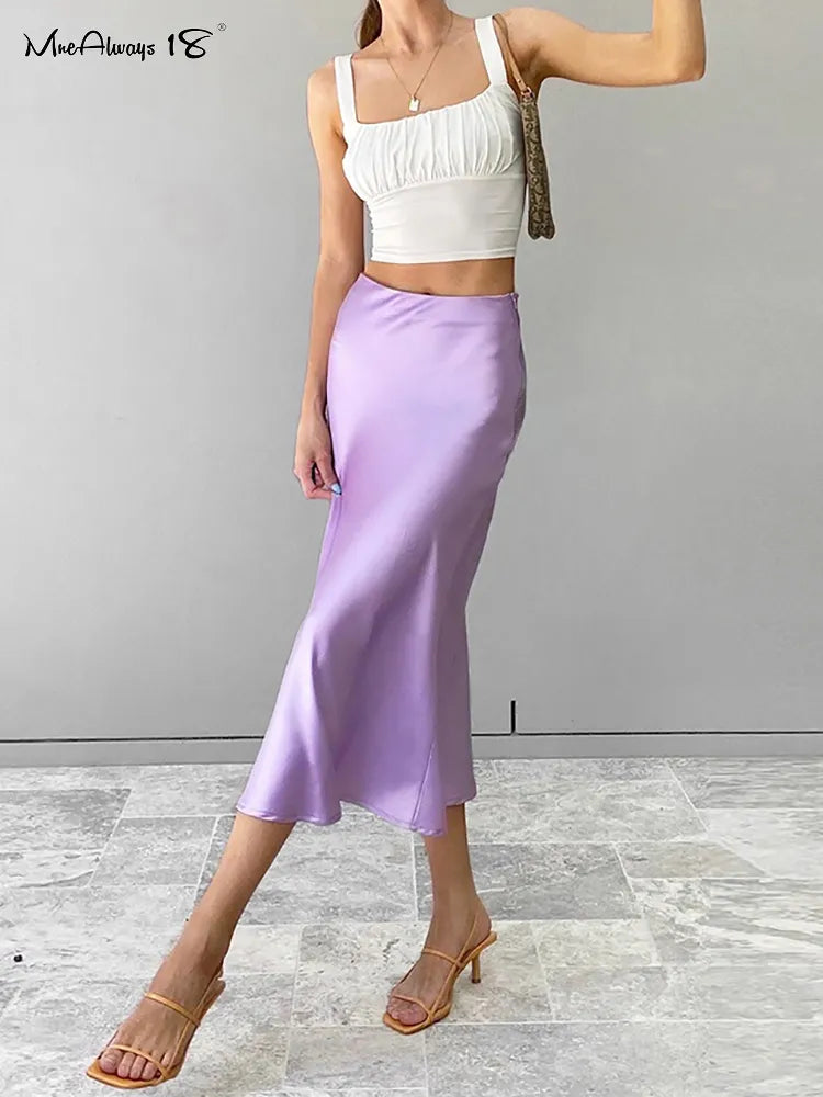 Elegant High-Waisted Satin Skirt - Lilac