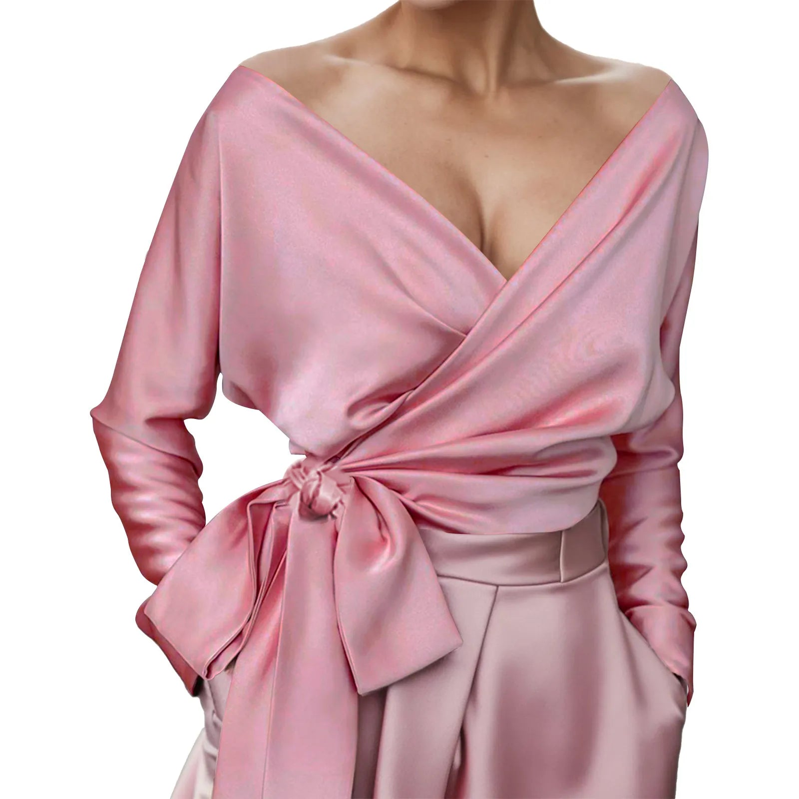 Elegant Satin V-Neck Cross Wrap Tie Blouse - Long Sleeve Fashionable Women’s Top