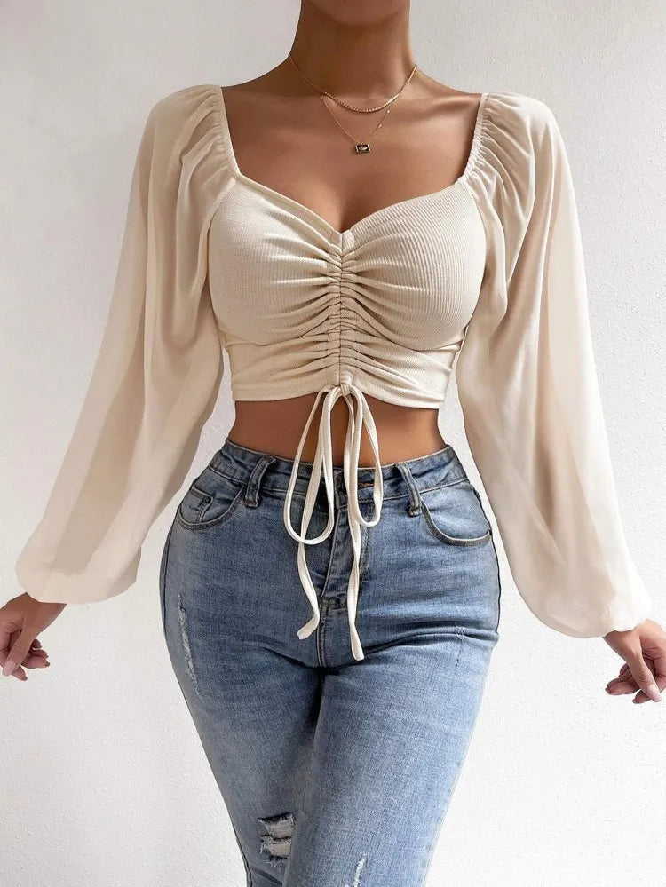 Lace-Up V-Neck Tops with Puff Sleeves