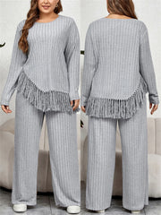 Women's Plus Size Tassel Hem Two-Piece Outfit – Long Sleeve Top & Wide-Leg Pants