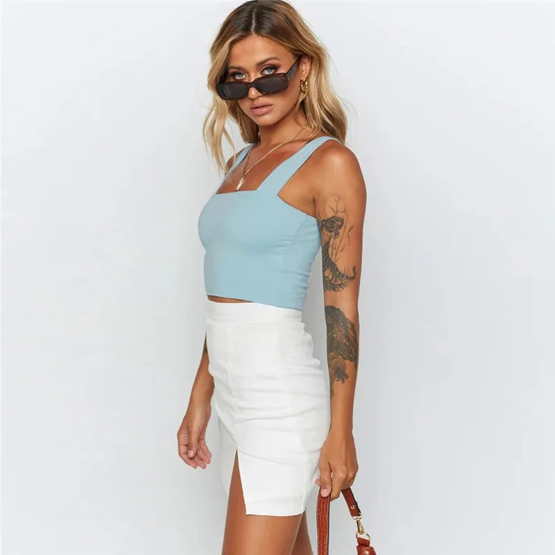 Women’s Square Neck Sleeveless Tank Top—Backless, Summer Casual Crop Top