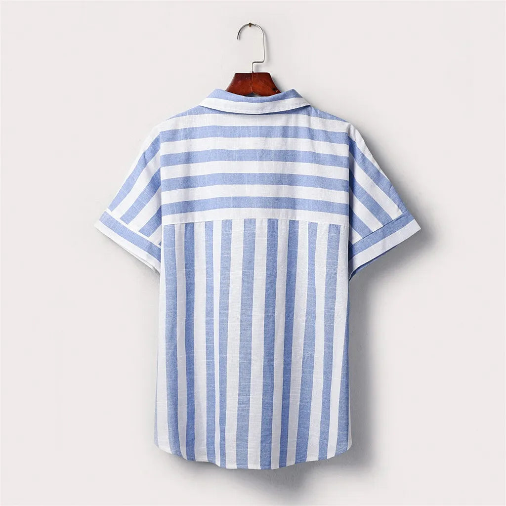 Women’s Striped Cotton Linen Button-Up Blouse – Casual Short Sleeve Summer Top