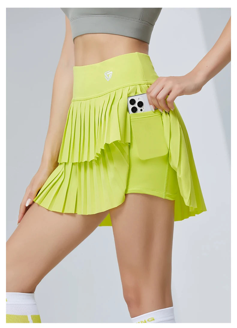 Women's High-Waisted Double-Layer Pleated Tennis Skort with Built-In Shorts