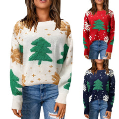 Autumn Winter Christmas Tree Knitted Sweater, Women's Vintage Long Sleeve Pullover