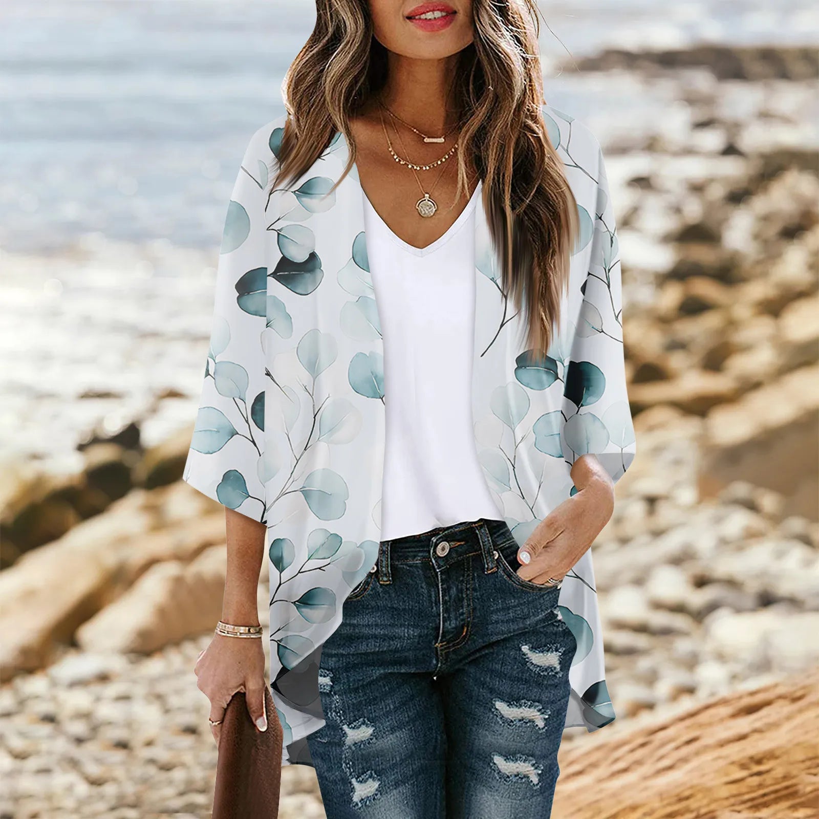 Women's Floral Chiffon Kimono Cardigan - 3/4 Sleeve Summer Blouse