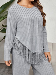 Women's Plus Size Tassel Hem Two-Piece Outfit – Long Sleeve Top & Wide-Leg Pants