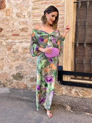 Women's Sexy Backless Tie Dye Beach Maxi Dress with Detachable Sleeves - Summer 2024 High Waist Sling Dress