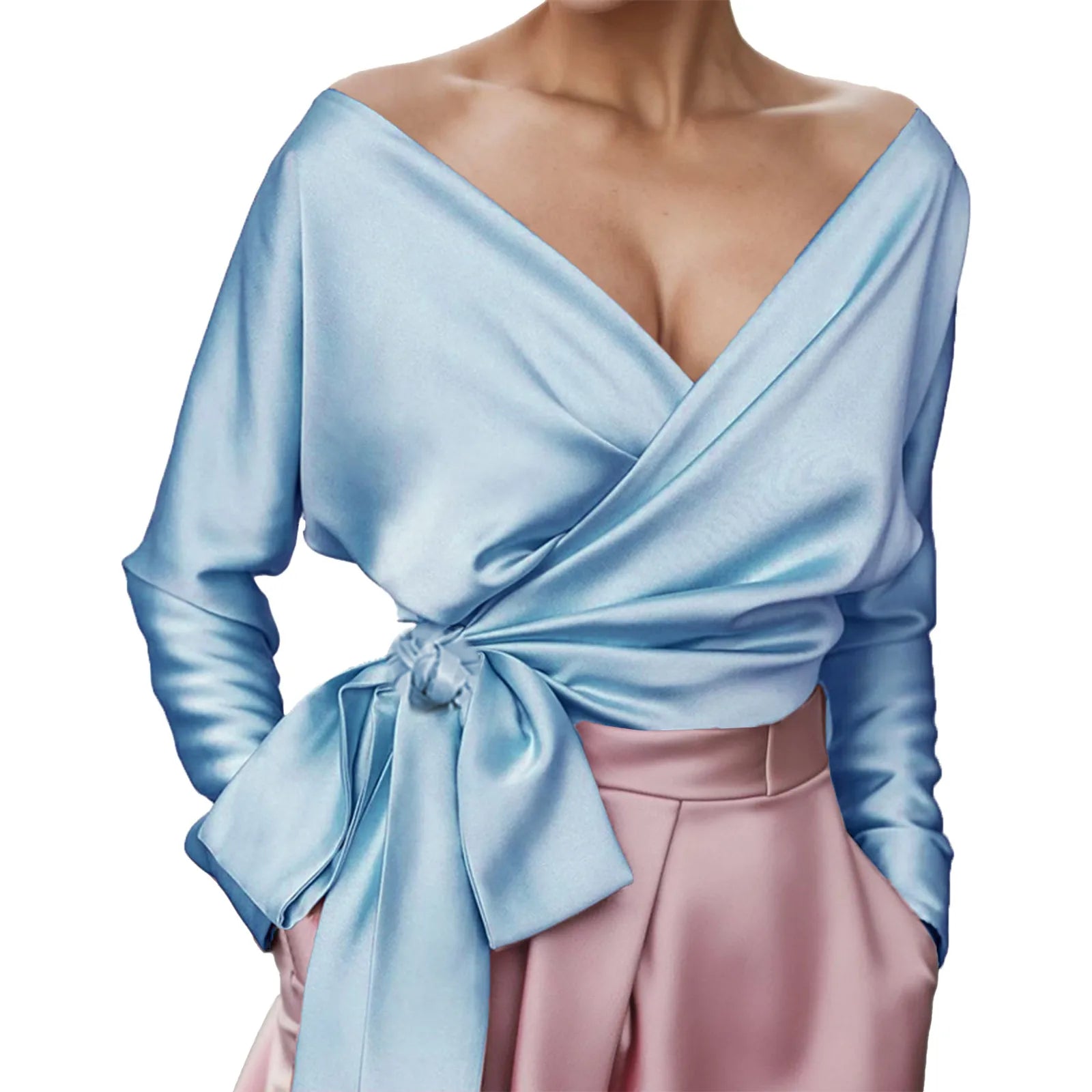 Elegant Satin V-Neck Cross Wrap Tie Blouse - Long Sleeve Fashionable Women’s Top