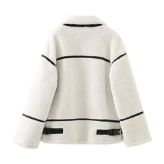 Autumn/Winter Women's Contrast Color Lamb Wool Plush Jacket – Casual European Style Warm Fleece Outerwear