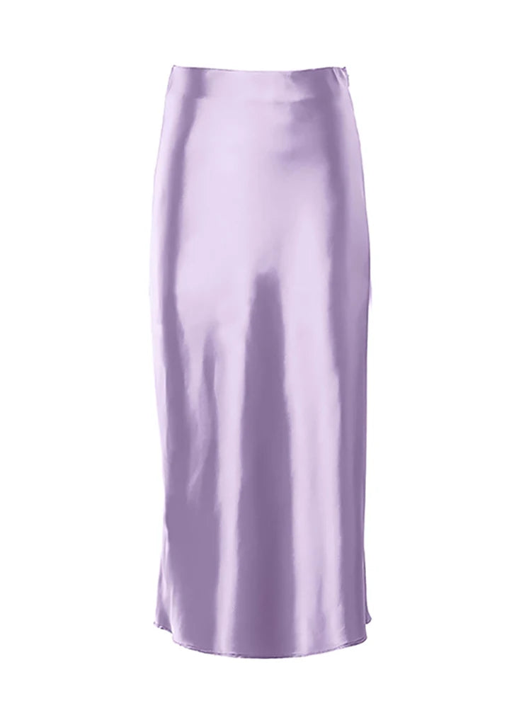 Elegant High-Waisted Satin Skirt - Lilac