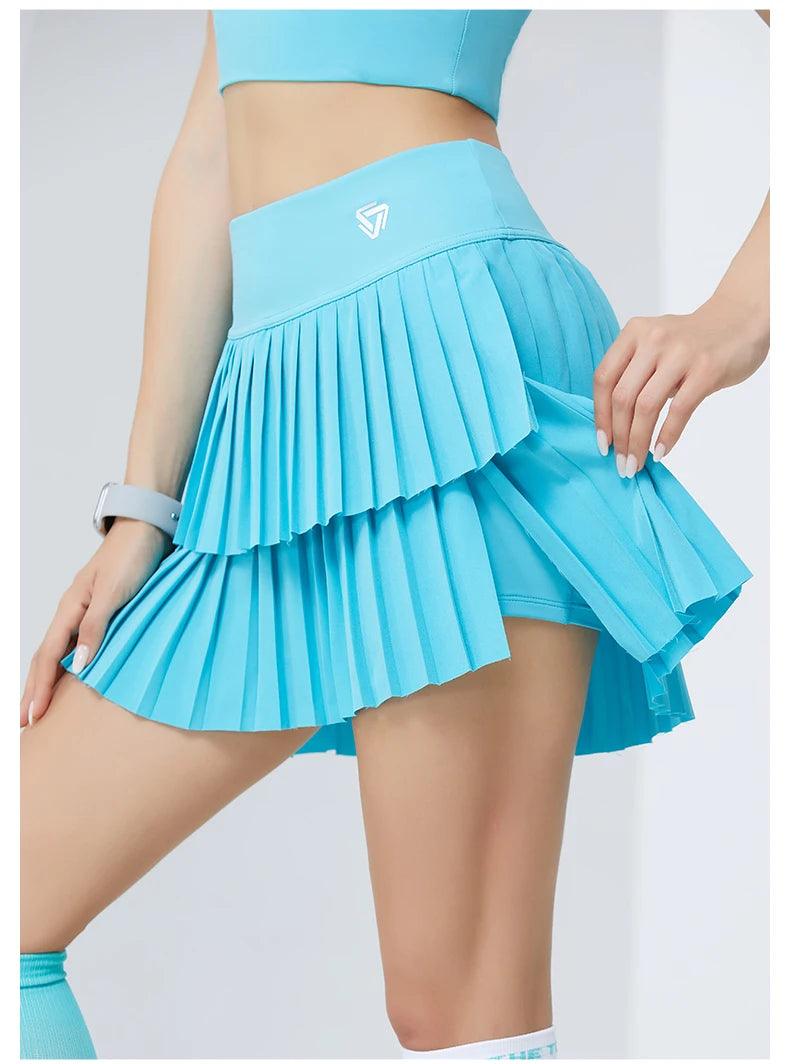 Women's High-Waisted Double-Layer Pleated Tennis Skort with Built-In Shorts