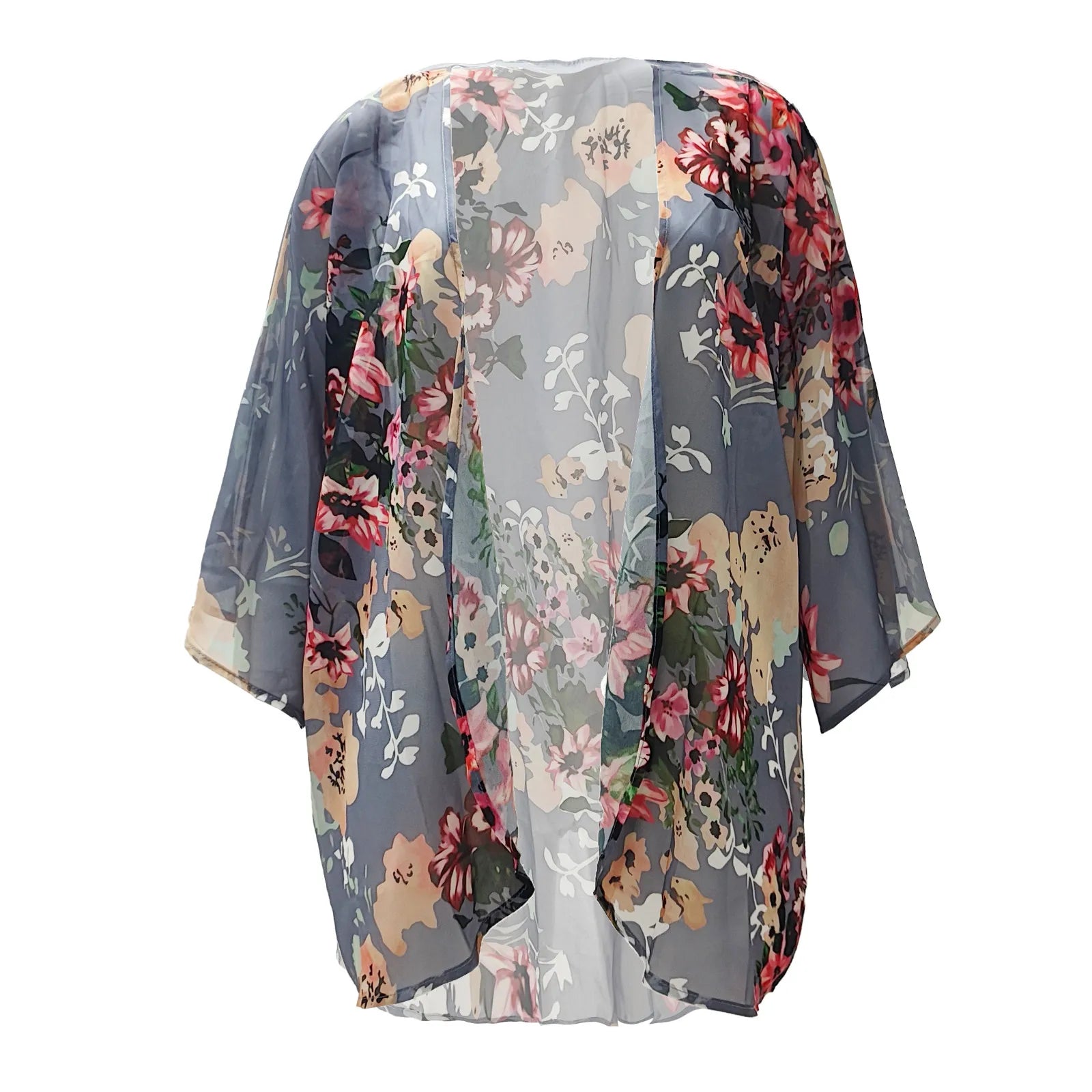 Women's Floral Chiffon Kimono Cardigan - 3/4 Sleeve Summer Blouse