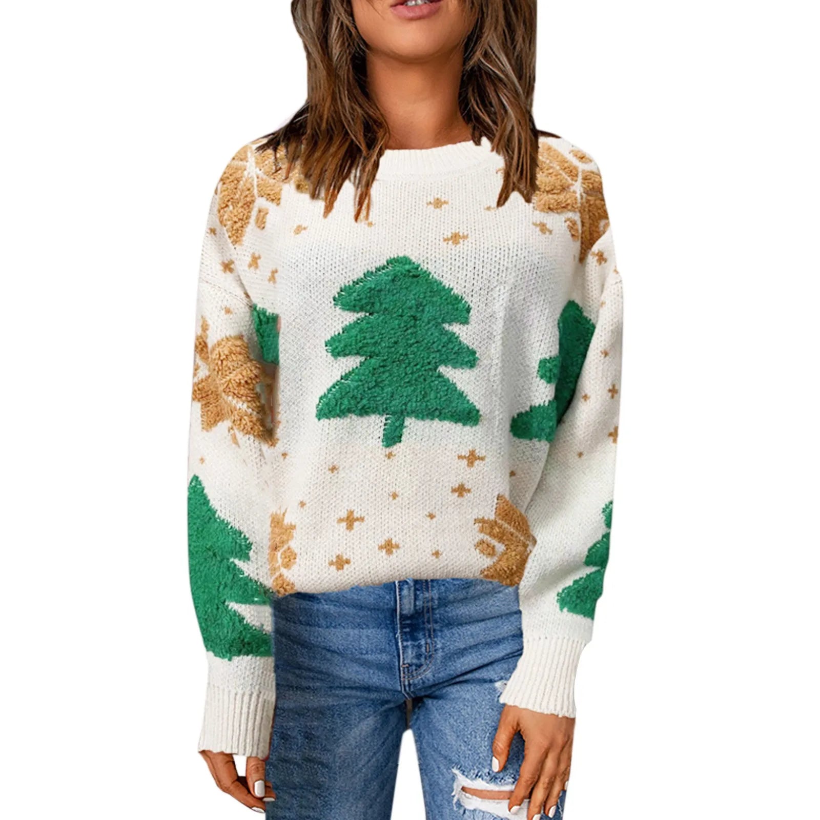 Autumn Winter Christmas Tree Knitted Sweater, Women's Vintage Long Sleeve Pullover