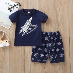 Boys' Rocket Ship Cartoon Two-Piece Summer Set - T-Shirt and Shorts