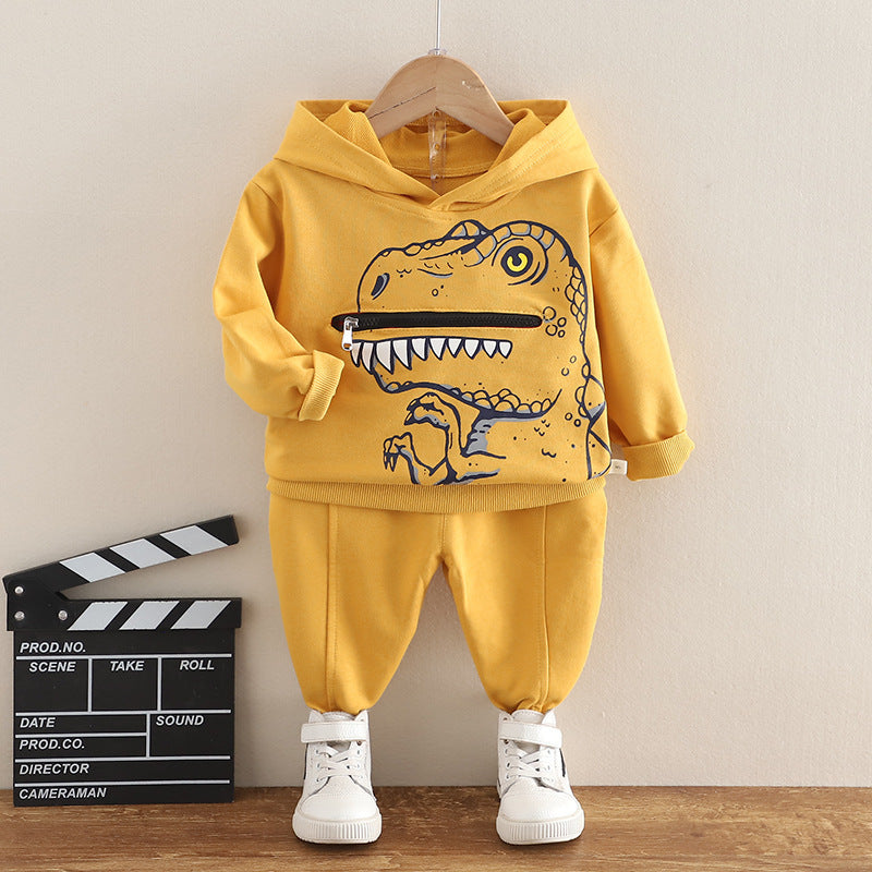 Dino-Hooded Cotton Sweater & Trousers Set for Toddlers - Cozy Two-Piece Outfit