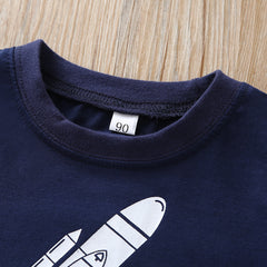 Boys' Rocket Ship Cartoon Two-Piece Summer Set - T-Shirt and Shorts