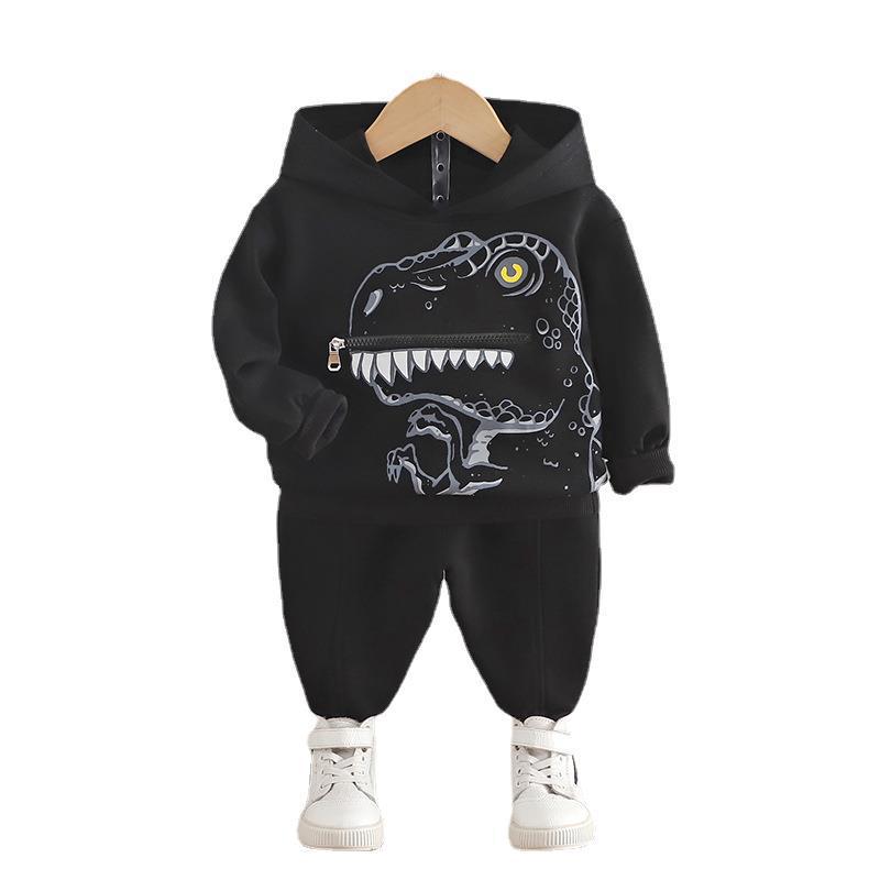 Dino-Hooded Cotton Sweater & Trousers Set for Toddlers - Cozy Two-Piece Outfit