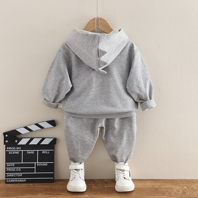 Dino-Hooded Cotton Sweater & Trousers Set for Toddlers - Cozy Two-Piece Outfit