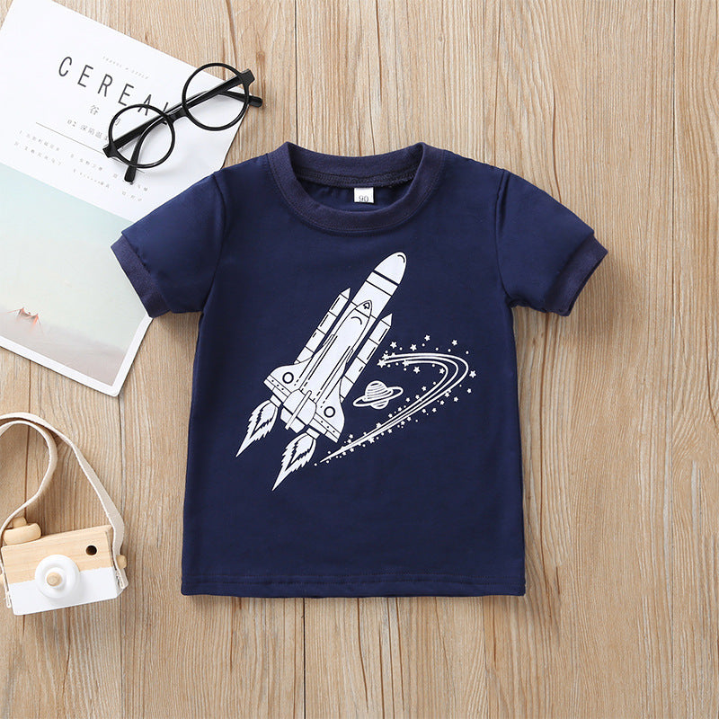 Boys' Rocket Ship Cartoon Two-Piece Summer Set - T-Shirt and Shorts